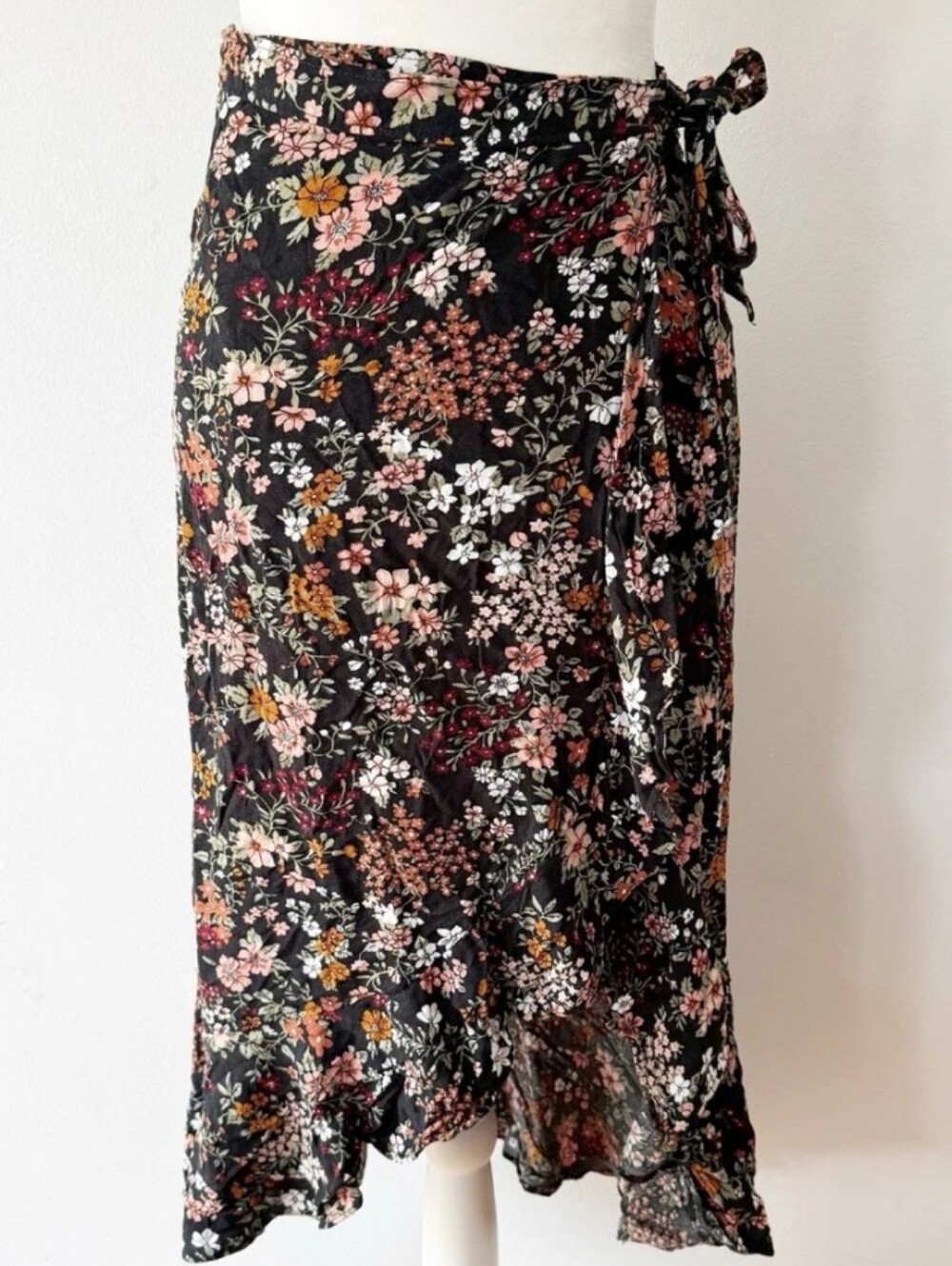 A&F Autumn Orange & Black Floral 70s Style Wrap Midi Skirt, Size XS